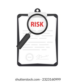 Risk management icon in flat style. Magnifying glass. Document on white isolated background. Assessment data sign business concept. Risk Management concept. Risk control. Vector illustration