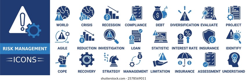 Risk management icon set. Containing world, crisis, recession, compliance, risk, statistic, reduction and more. Solid vector icons collection