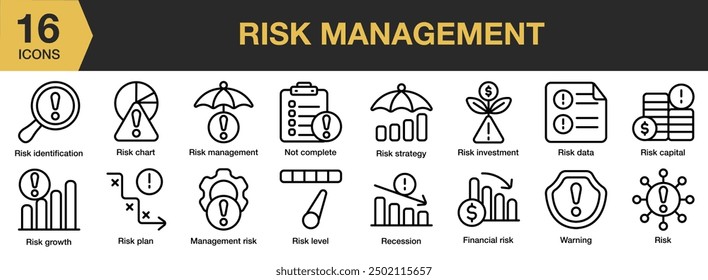 Conjunto de iconos de gestión de riesgos. Incluye riesgo financiero, datos, nivel de riesgo, Plan, advertencia y más. Colección de Vector de iconos de contorno.