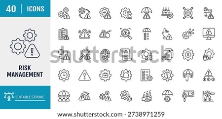 	
Risk management icon set. Includes risk, threat, hazard, impact, control, plan, strategy and more. Outline icon set. Vector illustration with editable stroke