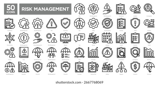 Risk management icons collection set. Containing compliance, security, insurance, analytics, and monitoring. Perfect for business reports, infographics, and corporate presentations.