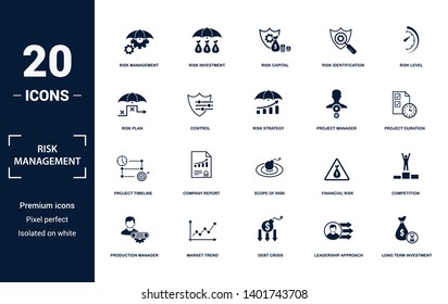 Risk Management icons set collection. Includes simple elements such as Risk Management, Investment, Capital, Identification, Risk Level, Company Report and Scope Of Risk premium icons.