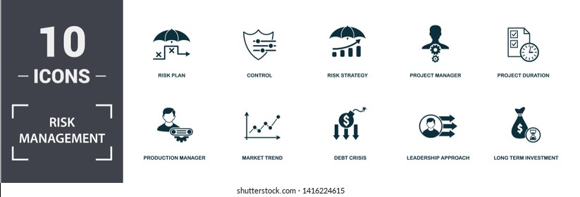 Risk Management icons set collection. Includes simple elements such as Risk Level, Risk Plan, Control, Risk Strategy, Project Manager, Production Manager and Market Trend premium icons.