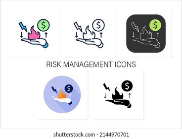 Risk management icons set.Identification, evaluation and risk prioritization. Hand in fire. Help to resolve problems.Collection of icons in linear, filled, color styles.Isolated vector illustrations