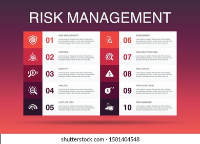 risk management Infographic 10 option template.control, identify, Level of Risk, analyze icons