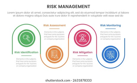 risk management infographic with 4 point stage template with timeline circle point up and down linked line for slide presentation vector
