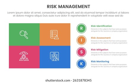 risk management infographic with 4 point stage template with matrix structure big union square shape and circle point stack for slide presentation vector