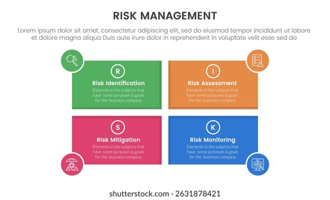 risk management infographic with 4 point stage template with rectangle shape and circle badge on edge for slide presentation vector