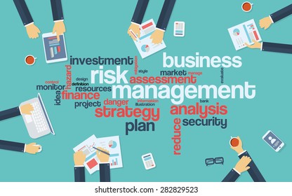 Risk management infographics poster with businessmen working around the word cloud. Analysis and planning keywords. Office objects. Eps10 vector illustration.