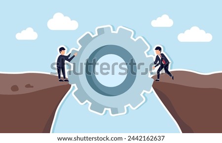 Risk management innovation, teamwork, and problem solving for business success, concept of Businessman constructs cog bridge to traverse perilous cliffs