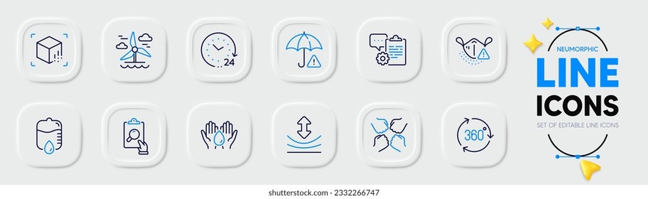 Risk management, Inspect and Safe water line icons for web app. Pack of Squad, Windmill, Resilience pictogram icons. 360 degree, Clipboard, 24 hours signs. Drop counter. Neumorphic buttons. Vector