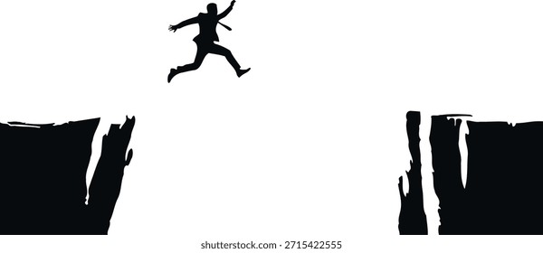 Ilustração do vetor da silhueta do salto da gestão do risco apresentando a pessoa saltando sobre a folga do penhasco para conceitos do desafio.