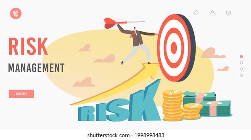 Risk Management Landing Page Template. High Growing Risk. Business Man Mission Achievement and Corporate Competition. Tiny Businessman Character Throw Huge Darts to Target. Cartoon Vector Illustration