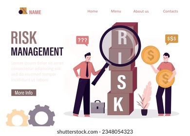 Risk management, landing page template. Confident investors research financial risks. High risk high return stock market investments. Analysis of trading strategies. flat vector illustration