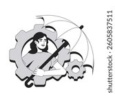Risk management line conceptual illustration. Crisis assessment, control. Business compliance. Businesswoman holding umbrella inside gear 2D outline character isolated. Linear drawing grayscale vector