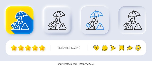 Risk management line icon. Neumorphic, Flat shadow, 3d buttons. Insurance umbrella sign. Danger warning symbol. Line risk management icon. Social media icons. Vector