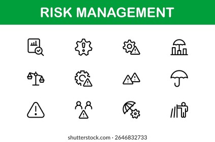 Risk Management Line Icon Set, Modern Minimal Collection of Business, Finance, and Crisis Control Symbols in Clean and Professional Vector Style