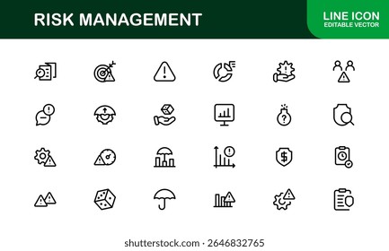 Risk Management Line Icon Set, Modern Minimal Collection of Business, Finance, and Crisis Control Symbols in Clean and Professional Vector Style