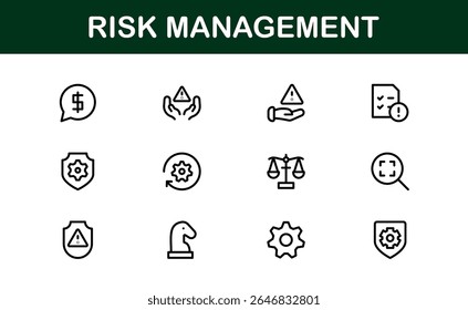 Risk Management Line Icon Set, Modern Minimal Collection of Business, Finance, and Crisis Control Symbols in Clean and Professional Vector Style