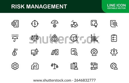 Risk Management Line Icon Set, Modern Minimal Collection of Business, Finance, and Crisis Control Symbols in Clean and Professional Vector Style
