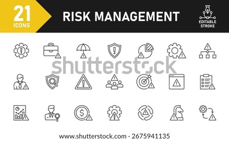 Risk Management line icon set. Set of 21 outline icons related to risk, management, alert, hazard, danger, safety, insurance, low cost, warning and others. Editable stroke. Vector illustration.