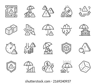 Risk management line icons. Safety umbrella, Iceberg threat and dice gambling set. Reduce finance, win chance and maze labyrinth line icons. Crisis management, insurance umbrella, threat risk. Vector