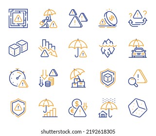 Risk management line icons. Safety umbrella, Iceberg threat and dice gambling set. Reduce finance, win chance and maze labyrinth line icons. Crisis management, insurance umbrella, threat risk