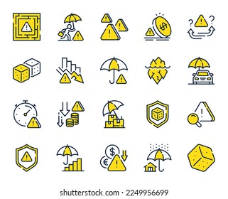 Risk management line icons. Safety umbrella, Iceberg threat and dice gambling set. Reduce finance, win chance and maze labyrinth line icons. Crisis management, insurance umbrella, threat risk. Vector