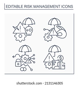 Risk Management Line Icons Set. Methods, Enterprise. Minor And Critical Risks. Business Concept. Isolated Vector Illustrations. Editable Stroke