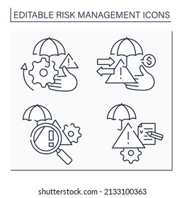 Risk management line icons set. Risk transfer, identification, assessment. Business concept. Isolated vector illustrations. Editable stroke