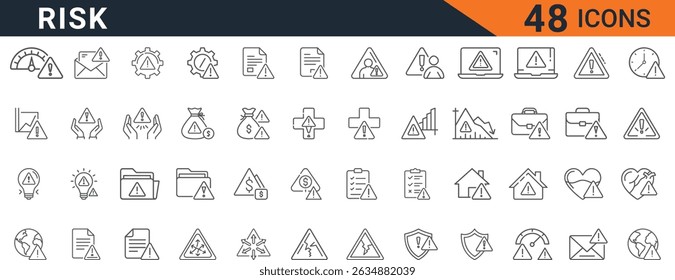 Risk management line icons. Warning, caution, danger, security, crisis, and protection outline symbols. Editable stroke vector set.