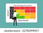 Risk management matrix with impact and likelihood, businessman analyzing the level of risk by considering the category of probability or likelihood against the category of consequence severity