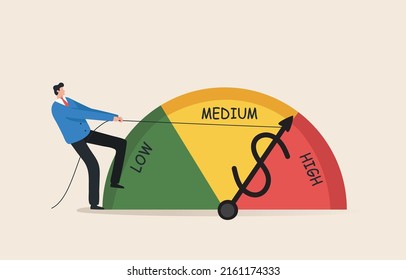 Risk Management Meter. Stock, Finance, economy, inflation, Investment, Financial or business risk management. Businessman pulling rope to reduce risk.