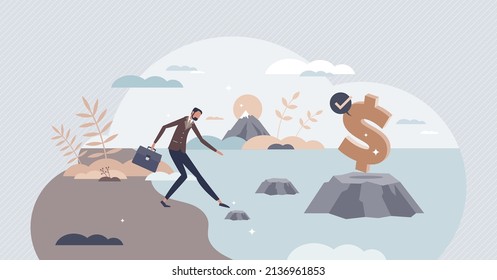 Risk management as possible profit and danger evaluation tiny person concept. Finance or earnings collection risk and future financial benefits assessment vector illustration. Business strategy path.
