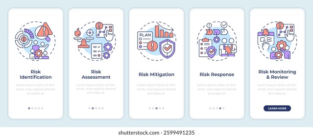Risk management process onboarding mobile app screen. Walkthrough 5 steps editable graphic instructions with linear concepts. UI, UX, GUI template