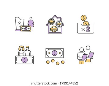 Risk management RGB color icons set. Burial insurance. Money savings. Personal finance, investment. Ensuring accounting operations. Personal funds. Financial security. Isolated vector illustrations