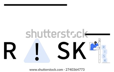 Risk management, safety awareness, decision-making, hazard caution, workplace security, human error prevention. Bold text spelling RISK with a warning sign and worker climbing a ladder. Risk