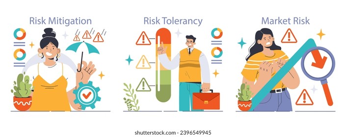 Risk management set illustrating mitigation, tolerance, and market analysis. Strategies for safeguarding investments and understanding volatility visualized. Flat vector illustration
