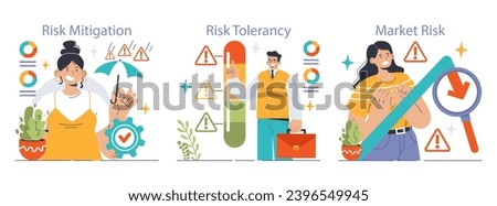Risk management set illustrating mitigation, tolerance, and market analysis. Strategies for safeguarding investments and understanding volatility visualized. Flat vector illustration