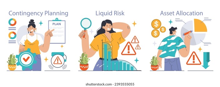 Conjunto de Gestión de Riesgos. Estrategias para la planificación de contingencia, evaluación de riesgos líquidos y asignación de activos. Abordar las incertidumbres y soluciones financieras. Ilustración vectorial plana