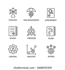 Risikomanagement ist eine einfache, dünne Linie Symbol, Vektorgrafik. Strategie, Bewertung, Bewertung, Unternehmenskontrolle, Planung, Überprüfung, Prozess, Analyse.