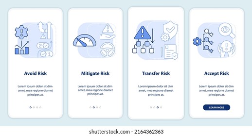 Risk management steps light blue onboarding mobile app screen. Solution walkthrough 4 steps graphic instructions pages with linear concepts. UI, UX, GUI template. Myriad Pro-Bold, Regular fonts used