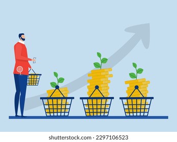 Risk Management Strategy ,Businessman manage investment in basket for risk   Finance Balance with buying investment increases in financial markets and mutual funds vector illustrator.