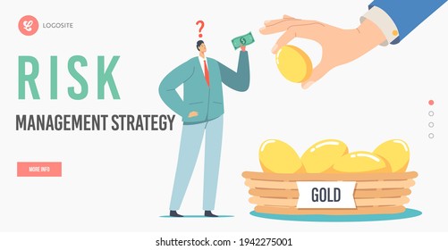 Risk Management Strategy Landing Page Template. Business Diversification, Capital Allocation, Finance Balance Or Investment Risk, Businessman Character Buying Gold Egg. Cartoon Vector Illustration