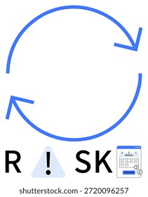 Gestión de riesgos, servicios de Suscripción, planificación financiera, análisis de decisiones, precaución, estrategia de negocio. Flechas circulares con íconos de advertencia de riesgo y pantalla de Suscripción. Gestión de riesgos