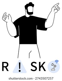 Risk management, technology, automation, safety, decision-making, industrial processes. A human figure pointing with alert and robot icons. Risk management and technology concept