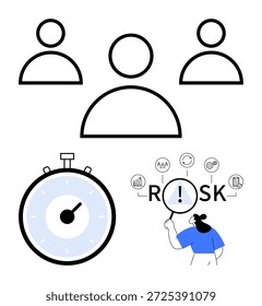 Risk management, time management, user profiles, decision-making, teamwork, efficiency. Minimalist icons of users, stopwatch and an individual analyzing risk. Risk management and time efficiency
