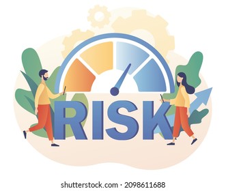 Risk management. Tiny people review, evaluate, analysis risk. Risk assessment. Business and investment concept. Risk big text and levels knob. Modern flat cartoon style. Vector illustration