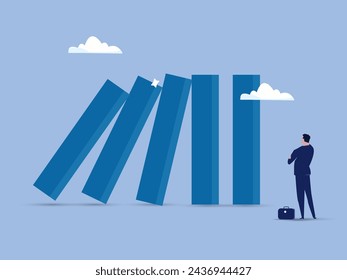 Risk management, uncertainty or unknown threat causing business failure, economic crisis, danger or problem, security and safety concept, courage businessman thinking look at collapsing domino effect.