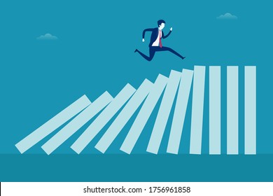 Risk management vector concept: Businessman running above the falling business chart pillars